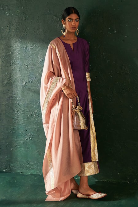 Shop_Charkhee_Purple Chanderi, , Satin Gota Patti Split Embellished Kurta Set _Online_at_Aza_Fashions