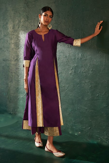Charkhee_Purple Chanderi, , Satin Gota Patti Split Embellished Kurta Set _at_Aza_Fashions