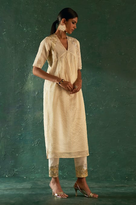 Buy_Charkhee_Off White Silk, Cotton, Poplin, Organza Gota Patti Striped Woven Kurta Set _Online_at_Aza_Fashions