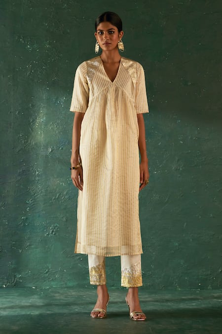 Shop_Charkhee_Off White Silk, Cotton, Poplin, Organza Gota Patti Striped Woven Kurta Set _Online_at_Aza_Fashions