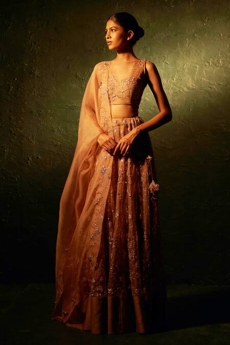 Charkhee Brown Organza, Cotton Embroidery, Zari, Mirrors, 3d Floral Applique Lehenga Set Online at Aza Fashions Charkhee_Brown Organza, Cotton Embroidery, Zari, Mirrors, 3d Floral Applique Lehenga Set _Online_at_Aza_Fashions