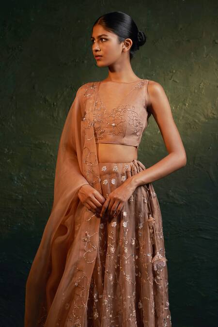 Buy Charkhee Brown Organza, Cotton Embroidery, Zari, Mirrors, 3d Floral Applique Lehenga Set Online at Aza Fashions Buy_Charkhee_Brown Organza, Cotton Embroidery, Zari, Mirrors, 3d Floral Applique Lehenga Set _Online_at_Aza_Fashions