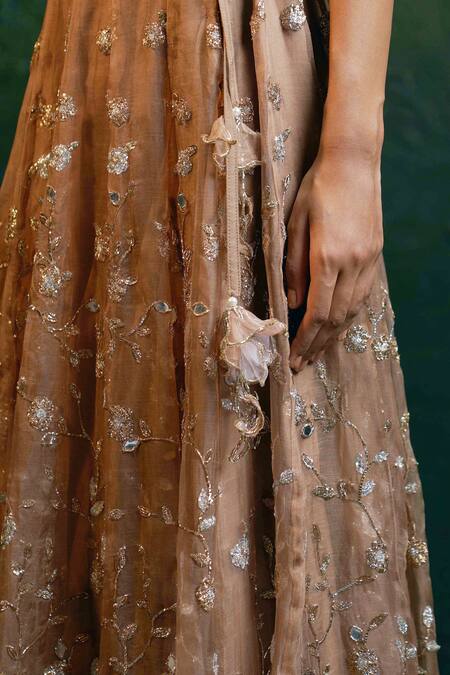 Shop Charkhee Brown Organza, Cotton Embroidery, Zari, Mirrors, 3d Floral Applique Lehenga Set Online at Aza Fashions Shop_Charkhee_Brown Organza, Cotton Embroidery, Zari, Mirrors, 3d Floral Applique Lehenga Set _Online_at_Aza_Fashions
