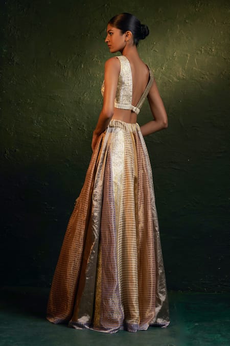 Shop_Charkhee_Multi Color Organza, Silk Tassels V-neck Stripe Pattern Panelled Lehenga Set _at_Aza_Fashions