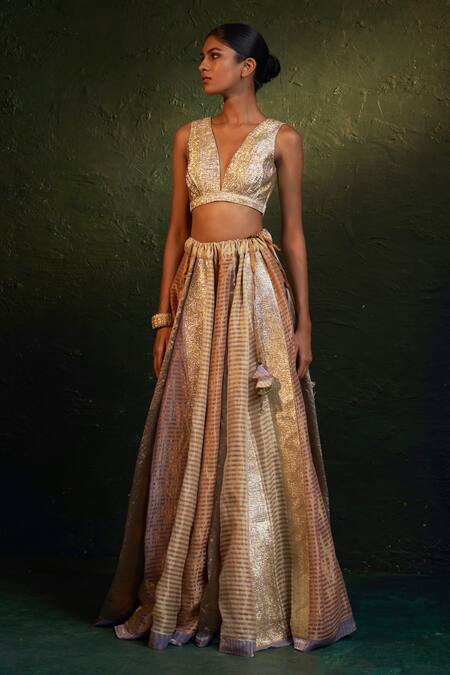 Charkhee_Multi Color Organza, Silk Tassels V-neck Stripe Pattern Panelled Lehenga Set _Online_at_Aza_Fashions