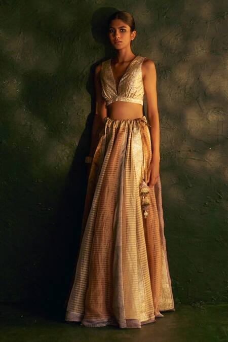 Buy_Charkhee_Multi Color Organza, Silk Tassels V-neck Stripe Pattern Panelled Lehenga Set _Online_at_Aza_Fashions