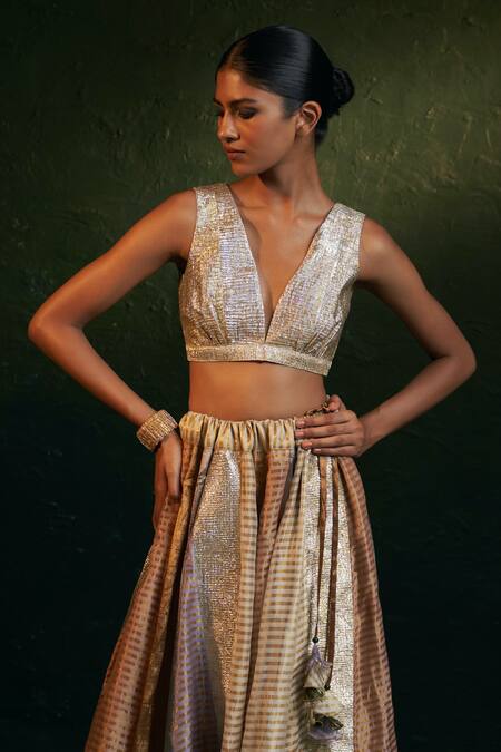 Shop_Charkhee_Multi Color Organza, Silk Tassels V-neck Stripe Pattern Panelled Lehenga Set _Online_at_Aza_Fashions