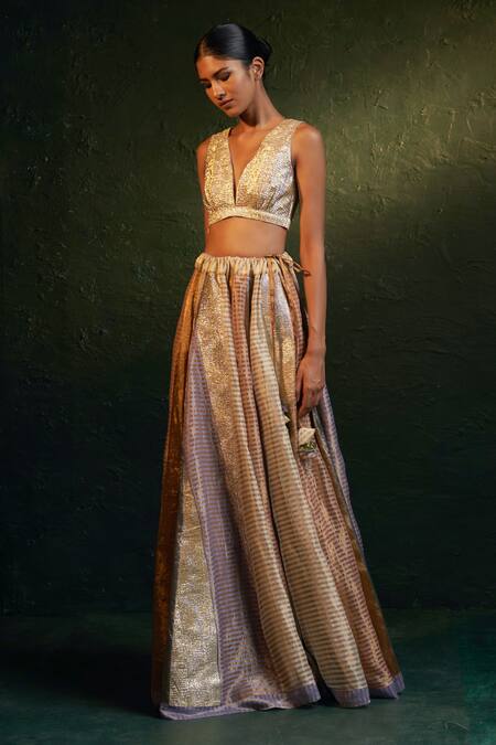 Charkhee_Multi Color Organza, Silk Tassels V-neck Stripe Pattern Panelled Lehenga Set _at_Aza_Fashions