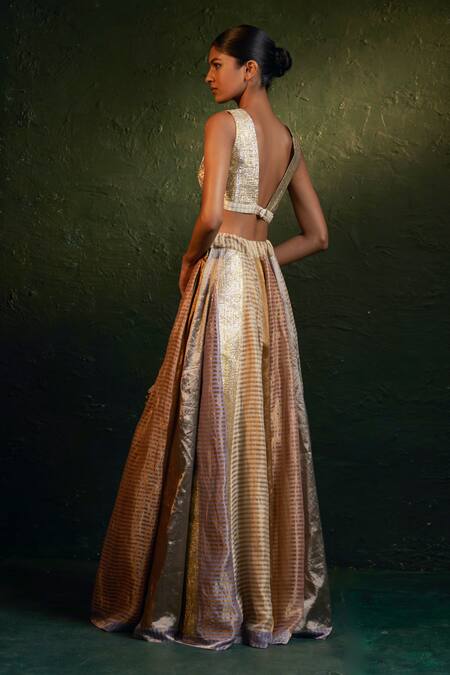 Buy_Charkhee_Multi Color Silk, Gingham Tassels V-neck Stripe Pattern Lehenga Blazer Set _Online_at_Aza_Fashions