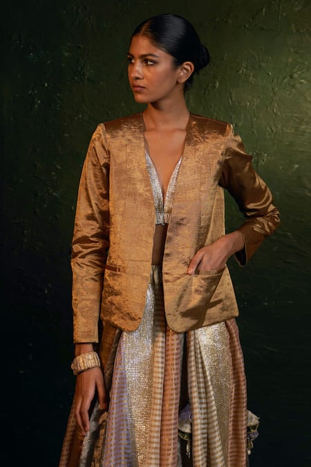 Charkhee_Multi Color Silk, Gingham Tassels V-neck Stripe Pattern Lehenga Blazer Set _at_Aza_Fashions