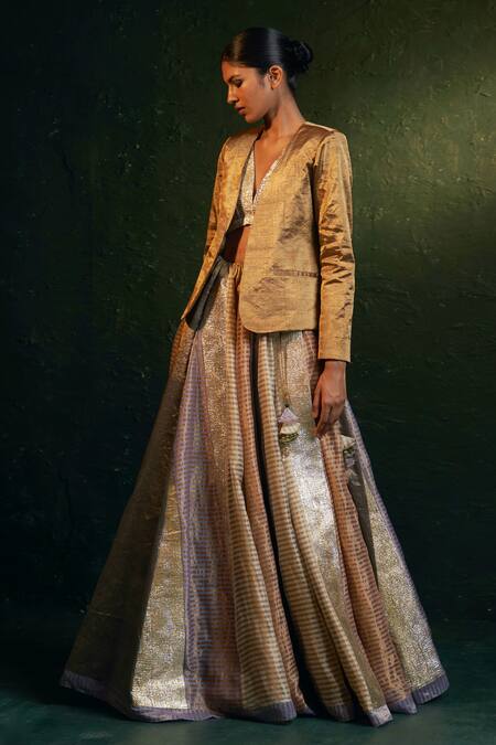 Buy_Charkhee_Multi Color Silk, Gingham Tassels V-neck Stripe Pattern Lehenga Blazer Set 