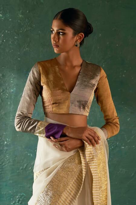Shop_Charkhee_Off White Saree Organza And Chanderi Woven & Embroidered & Blouse Set  _Online_at_Aza_Fashions