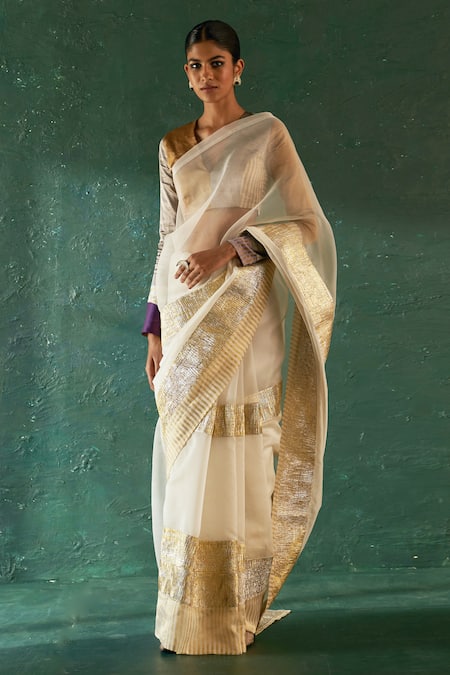 Shop_Charkhee_Off White Chanderi, Organza, Silk Zari, Patchwork V-neck Work Saree Blazer Set _at_Aza_Fashions