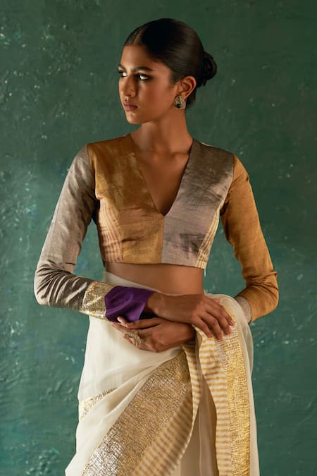 Charkhee_Off White Chanderi, Organza, Silk Zari, Patchwork V-neck Work Saree Blazer Set _Online_at_Aza_Fashions