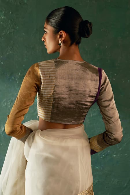 Buy_Charkhee_Off White Chanderi, Organza, Silk Zari, Patchwork V-neck Work Saree Blazer Set _Online_at_Aza_Fashions