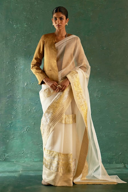 Shop_Charkhee_Off White Chanderi, Organza, Silk Zari, Patchwork V-neck Work Saree Blazer Set _Online_at_Aza_Fashions