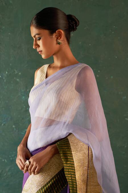Charkhee Purple Chanderi, Organza, Silk Gota Patti, Patch Work Saree With Striped Blouse Online at Aza Fashions Charkhee_Purple Chanderi, Organza, Silk Gota Patti, Patch Work Saree With Striped Blouse _Online_at_Aza_Fashions