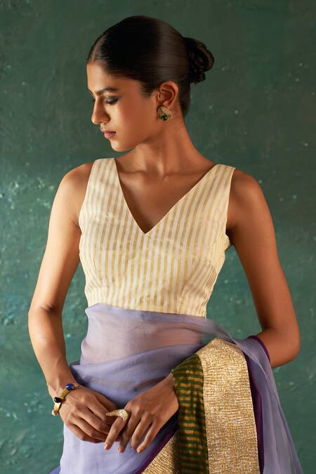 Buy Charkhee Purple Chanderi, Organza, Silk Gota Patti, Patch Work Saree With Striped Blouse Online at Aza Fashions Buy_Charkhee_Purple Chanderi, Organza, Silk Gota Patti, Patch Work Saree With Striped Blouse _Online_at_Aza_Fashions