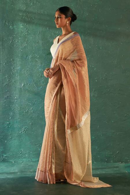 Buy_Charkhee_Pink Silk, Cotton Gota Patti V-neck Stripe Pattern Saree And Blouse Set _Online_at_Aza_Fashions