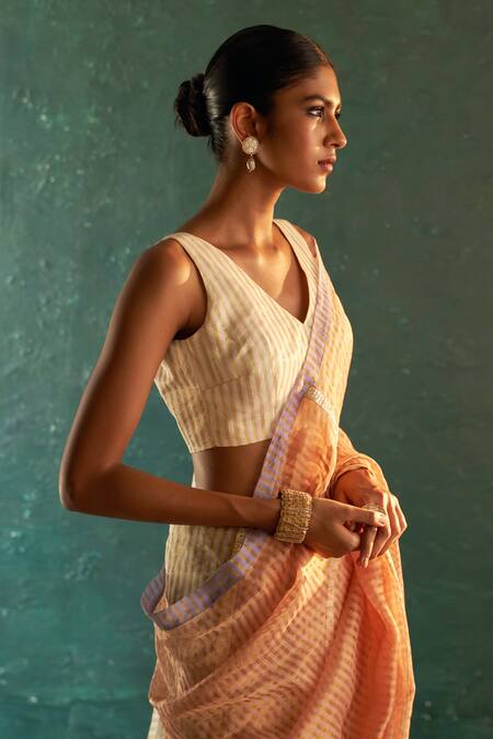 Shop_Charkhee_Pink Silk, Cotton Gota Patti V-neck Stripe Pattern Saree And Blouse Set _Online_at_Aza_Fashions