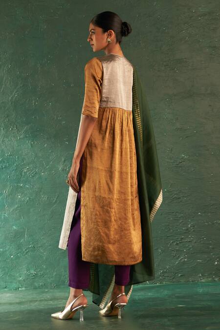 Shop_Charkhee_Gold Kurta Silk Tissue Embroidered Dori Work V Neck Color Block Set _at_Aza_Fashions