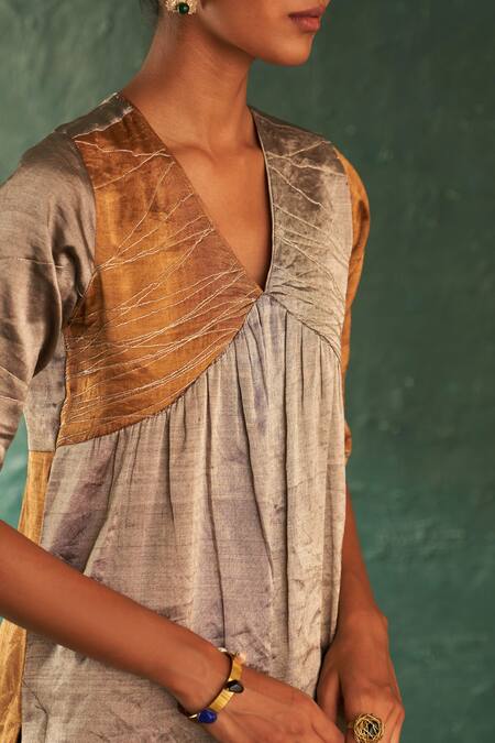 Buy_Charkhee_Gold Kurta Silk Tissue Embroidered Dori Work V Neck Color Block Set _Online_at_Aza_Fashions
