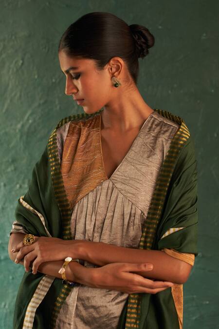 Charkhee_Gold Kurta Silk Tissue Embroidered Dori Work V Neck Color Block Set _at_Aza_Fashions