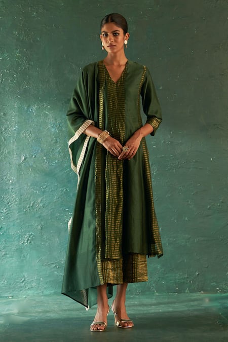 Charkhee Green Anarkali Chanderi And Silk Tissue Striped V Neck Paneled Pant Set 