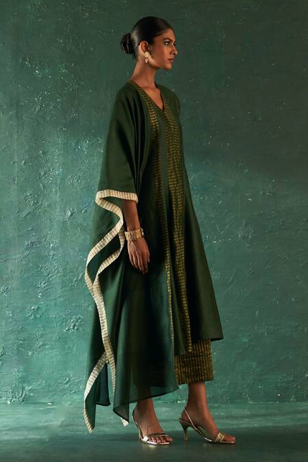 Charkhee_Green Chanderi, Silk, Cotton Embroidery V-neck Striped Paneled Anarkali Pant Set _Online_at_Aza_Fashions