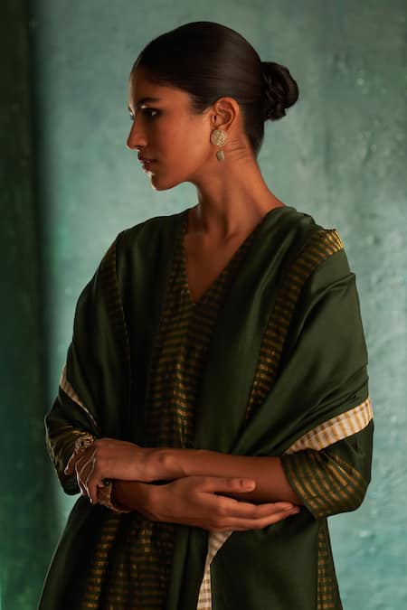 Buy_Charkhee_Green Chanderi, Silk, Cotton Embroidery V-neck Striped Paneled Anarkali Pant Set _Online_at_Aza_Fashions