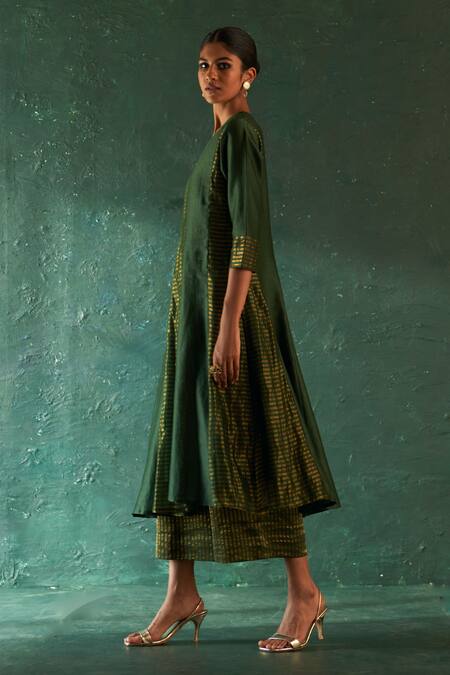 Charkhee_Green Chanderi, Silk, Cotton Embroidery V-neck Striped Paneled Anarkali Pant Set _at_Aza_Fashions