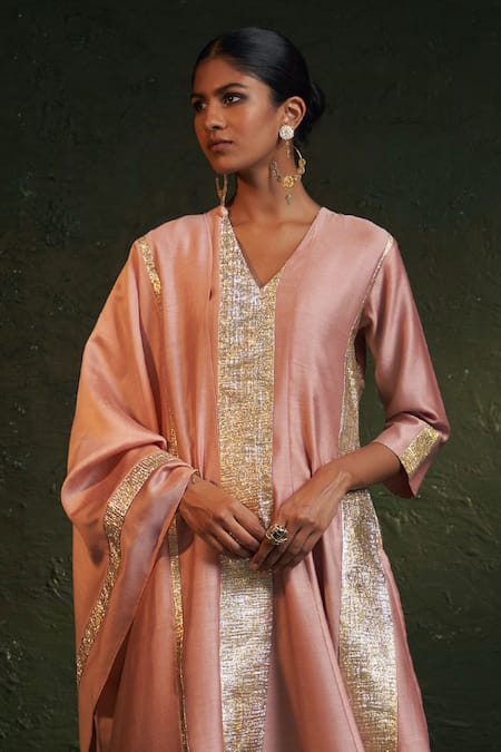 Charkhee_Pink Chanderi, , Satin Gota Patti Crinkled Paneled Anarkali Set _Online_at_Aza_Fashions