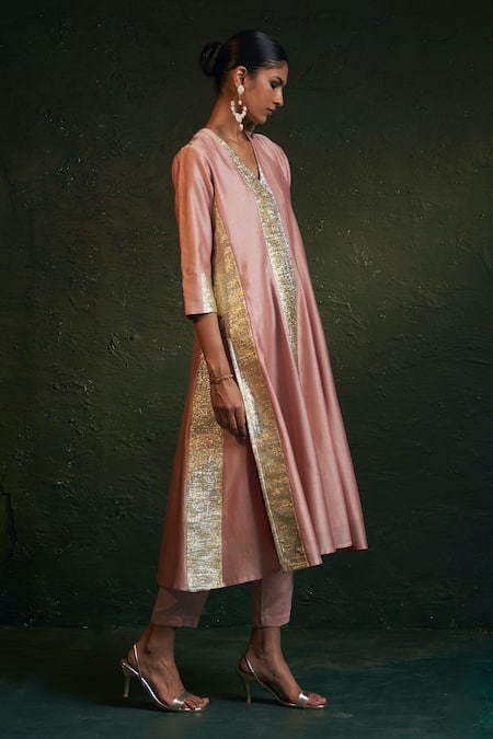 Buy_Charkhee_Pink Chanderi, , Satin Gota Patti Crinkled Paneled Anarkali Set _Online_at_Aza_Fashions
