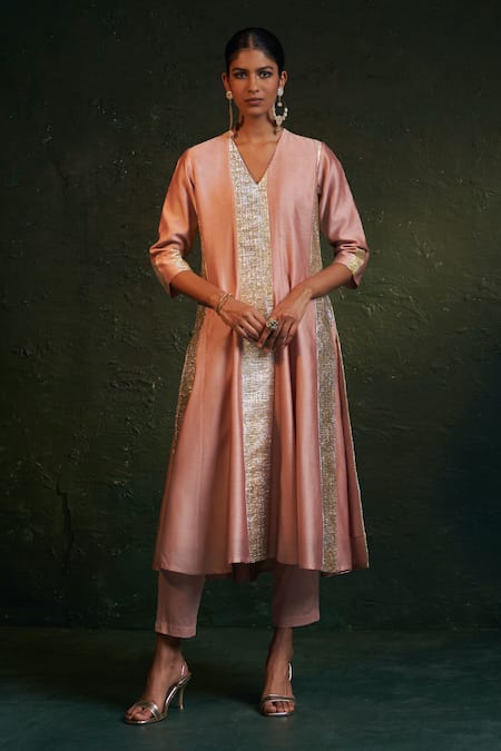 Charkhee_Pink Chanderi, , Satin Gota Patti Crinkled Paneled Anarkali Set _at_Aza_Fashions