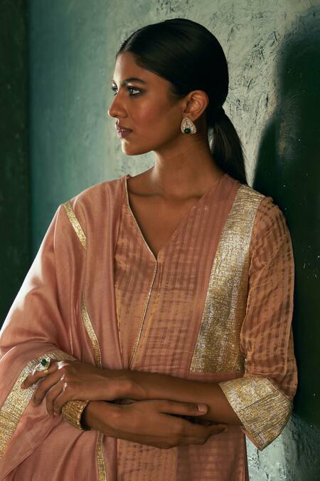Charkhee_Pink Silk, Cotton Satin, Chanderi Gota Patti V-neck Paneled Straight Kurta Set _Online_at_Aza_Fashions