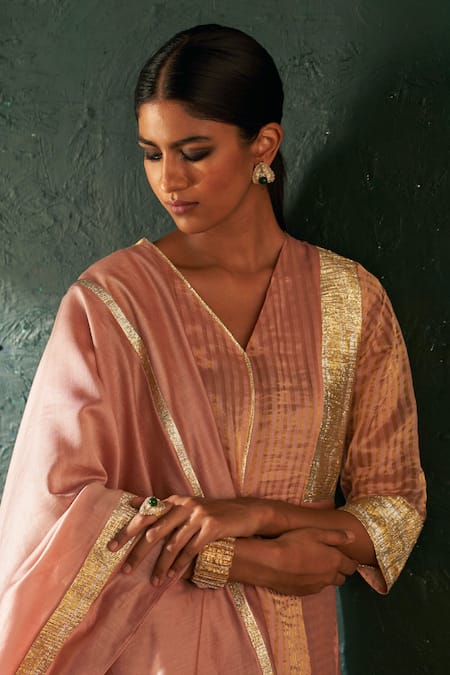 Charkhee_Pink Silk, Cotton Satin, Chanderi Gota Patti V-neck Paneled Straight Kurta Set _at_Aza_Fashions