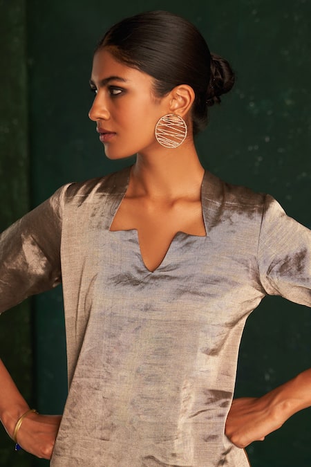 Charkhee_Gold Silk, Cotton Embroidery, Diamonds Tissue Contrast Back Kurta Set_Online_at_Aza_Fashions