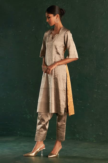 Buy_Charkhee_Gold Silk, Cotton Embroidery, Diamonds Tissue Contrast Back Kurta Set_Online_at_Aza_Fashions