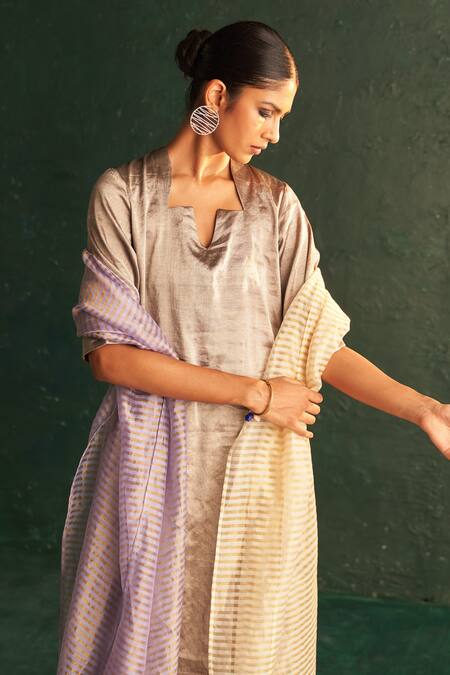 Shop_Charkhee_Gold Silk, Cotton Embroidery, Diamonds Tissue Contrast Back Kurta Set_Online_at_Aza_Fashions