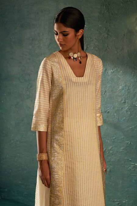 Charkhee_Off White Silk, Cotton, Poplin, Chanderi Striped Pattern Straight Kurta Pant Set _Online_at_Aza_Fashions