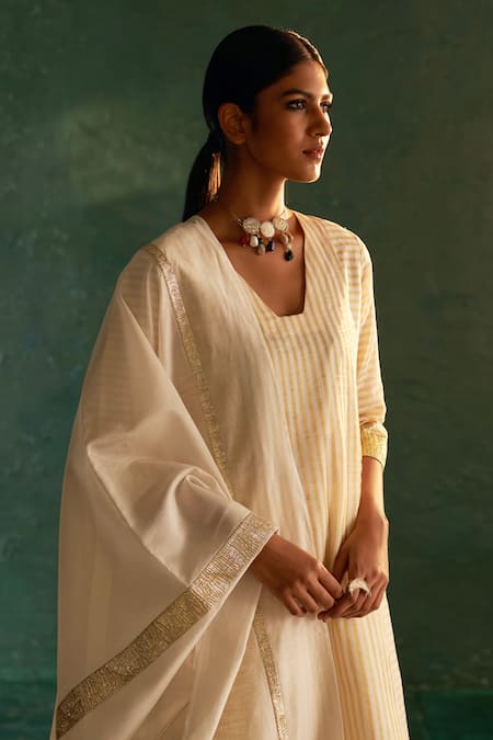 Buy_Charkhee_Off White Silk, Cotton, Poplin, Chanderi Striped Pattern Straight Kurta Pant Set _Online_at_Aza_Fashions