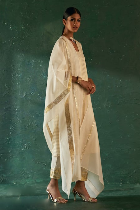 Shop_Charkhee_Off White Silk, Cotton, Poplin, Chanderi Striped Pattern Straight Kurta Pant Set _Online_at_Aza_Fashions