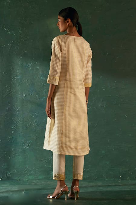 Buy_Charkhee_Off White Silk, Cotton, Poplin, Chanderi Striped Pattern Straight Kurta Pant Set 