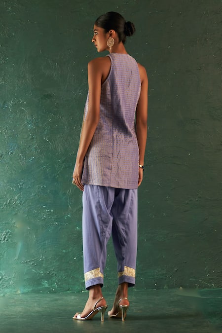 Shop Charkhee Purple Silk, , Satin Gota Striped Pattern Short Kurta Salwar Set at Aza Fashions Shop_Charkhee_Purple Silk, , Satin Gota Striped Pattern Short Kurta Salwar Set _at_Aza_Fashions