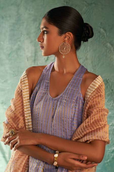 Charkhee Purple Silk, , Satin Gota Striped Pattern Short Kurta Salwar Set Online at Aza Fashions Charkhee_Purple Silk, , Satin Gota Striped Pattern Short Kurta Salwar Set _Online_at_Aza_Fashions