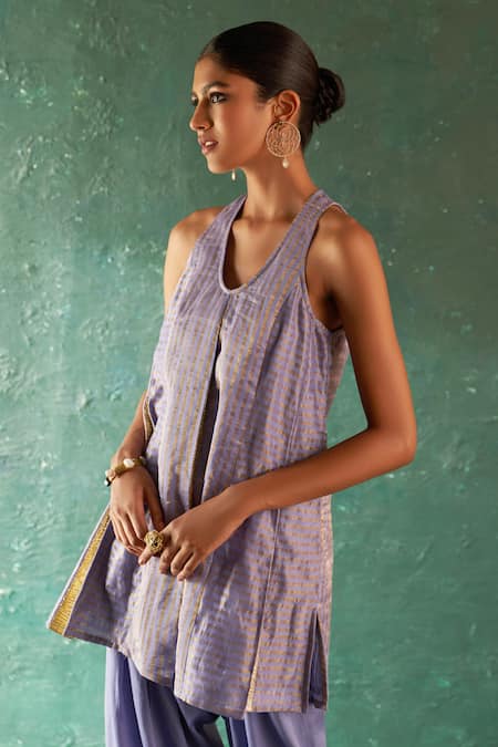 Shop Charkhee Purple Silk, , Satin Gota Striped Pattern Short Kurta Salwar Set Online at Aza Fashions Shop_Charkhee_Purple Silk, , Satin Gota Striped Pattern Short Kurta Salwar Set _Online_at_Aza_Fashions