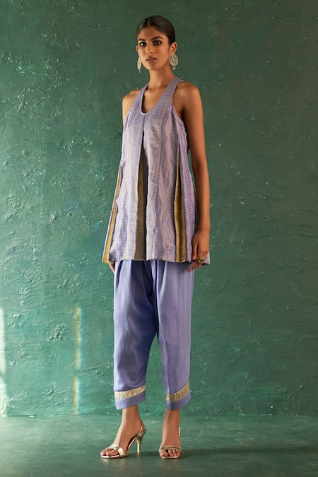 Charkhee Purple Silk, , Satin Gota Striped Pattern Short Kurta Salwar Set at Aza Fashions Charkhee_Purple Silk, , Satin Gota Striped Pattern Short Kurta Salwar Set _at_Aza_Fashions