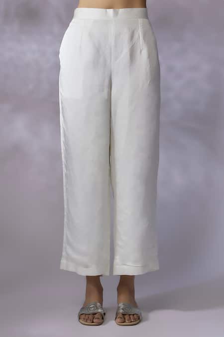 Shreeka_Ivory Organza, Georgette, Silk Satin, Placement Floral Short Kurta With Pant _Online_at_Aza_Fashions