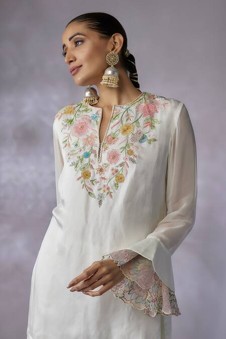 Buy_Shreeka_Ivory Organza, Georgette, Silk Satin, Placement Floral Short Kurta With Pant _Online_at_Aza_Fashions