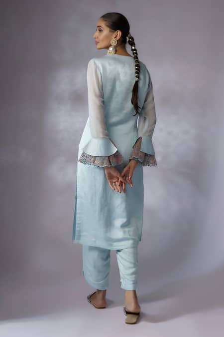 Shop Shreeka Blue Organza, Georgette, Silk Satin Embroidery Placement Floral Kurta With Pant at Aza Fashions Shop_Shreeka_Blue Organza, Georgette, Silk Satin Embroidery Placement Floral Kurta With Pant _at_Aza_Fashions